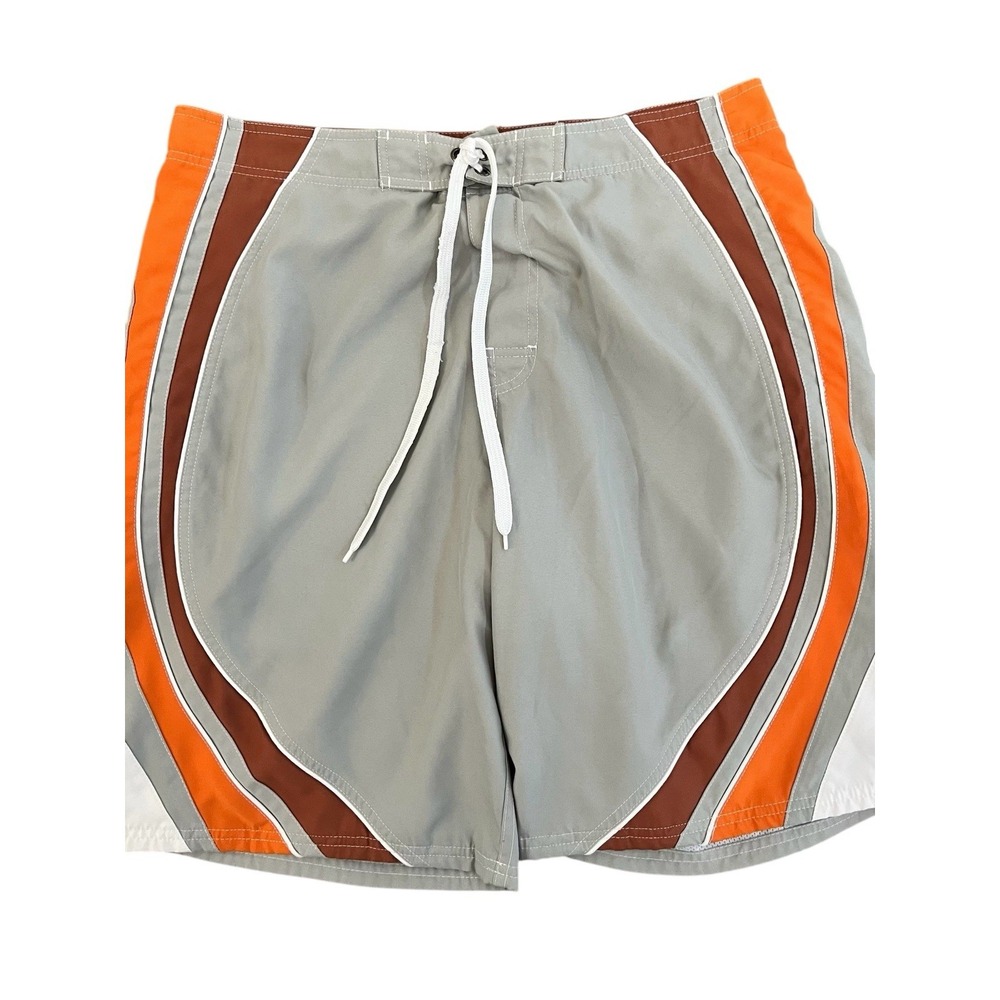NOBO Swim Board Shorts Adult Size 36 Gray Orange Rust Striped Lined Pool Beach